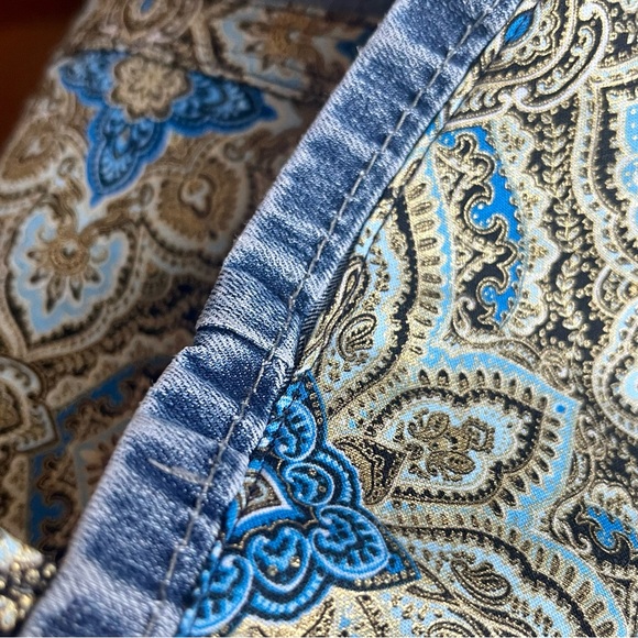 Upcycled Denim & fabric tote bag handmade Blue Metallic Symphony Medallion print - Picture 6 of 7